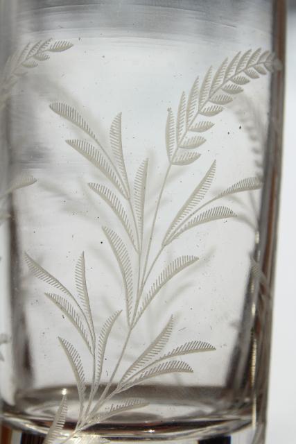crystal clear etched glass beer glasses, wheat pattern vintage stemware set