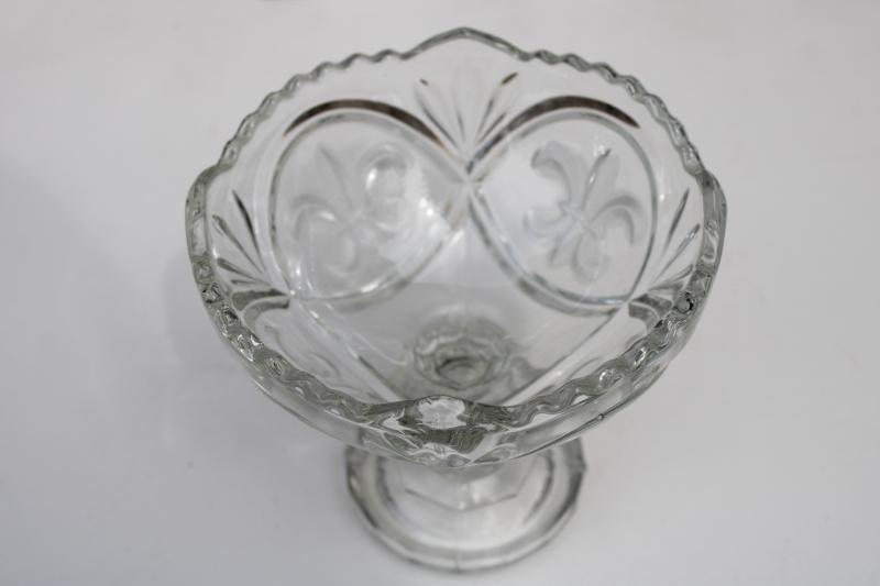 crystal clear pressed glass compote bowl, french fleur de lis frosted design