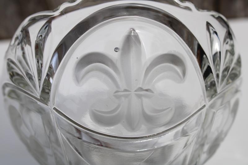 crystal clear pressed glass compote bowl, french fleur de lis frosted design