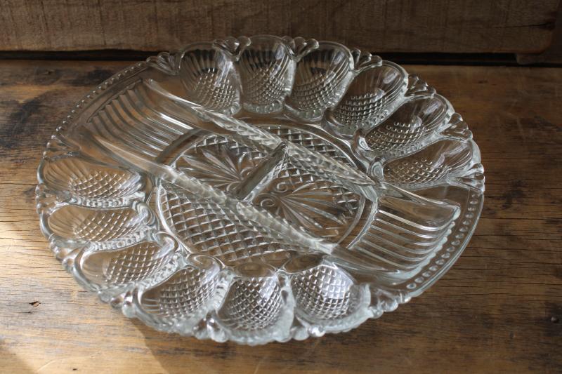 crystal clear pressed glass tray, deviled egg / relish plate, vintage serving dish