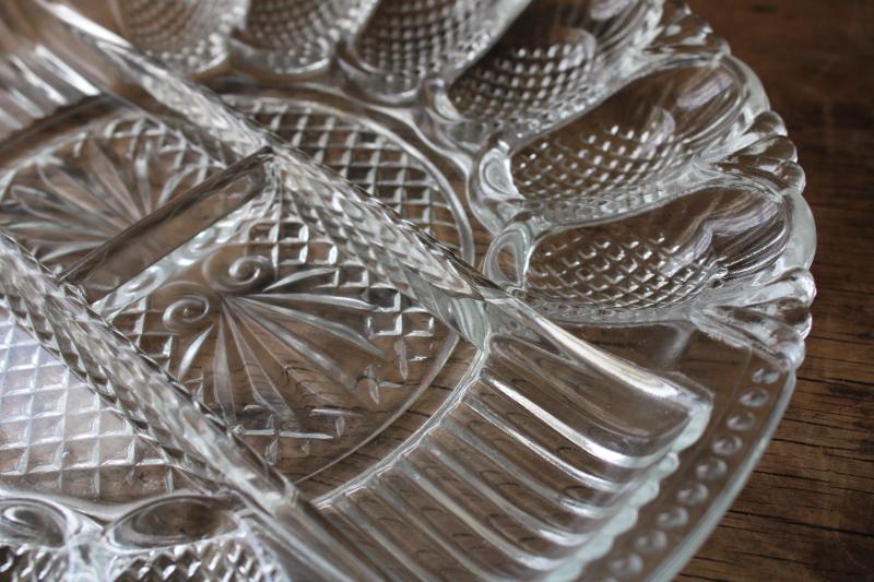 crystal clear pressed glass tray, deviled egg / relish plate, vintage serving dish