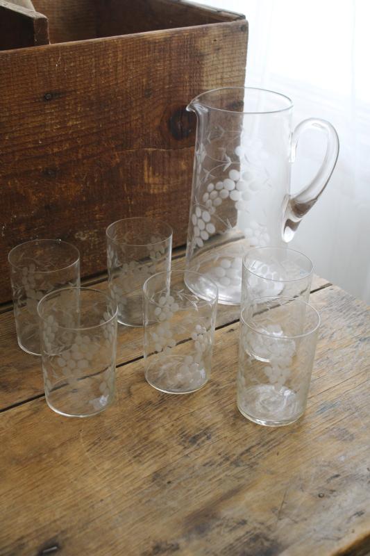 crystal clear vintage etched glass lemonade set, wheel cut grapes pitcher & drinking glasses