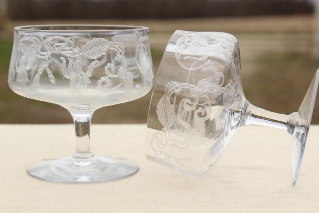 crystal clear vintage fuchsia floral etched glass champagne glasses, low coupe champagnes