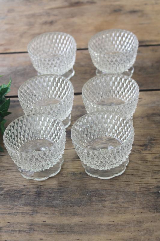 crystal clear vintage glass dessert dishes, Indiana diamond point pattern bowls or sherbets