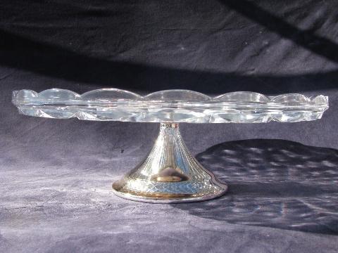 crystal glass cake plate with silver plated stand, West Germany