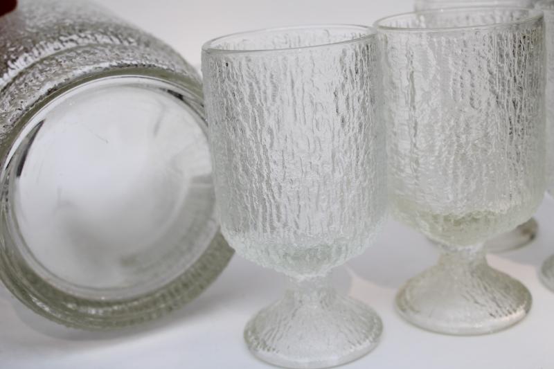 crystal ice textured glass pitcher & drinking glasses, mod vintage Indiana glass