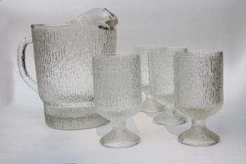 crystal ice textured glass pitcher & drinking glasses, mod vintage Indiana glass
