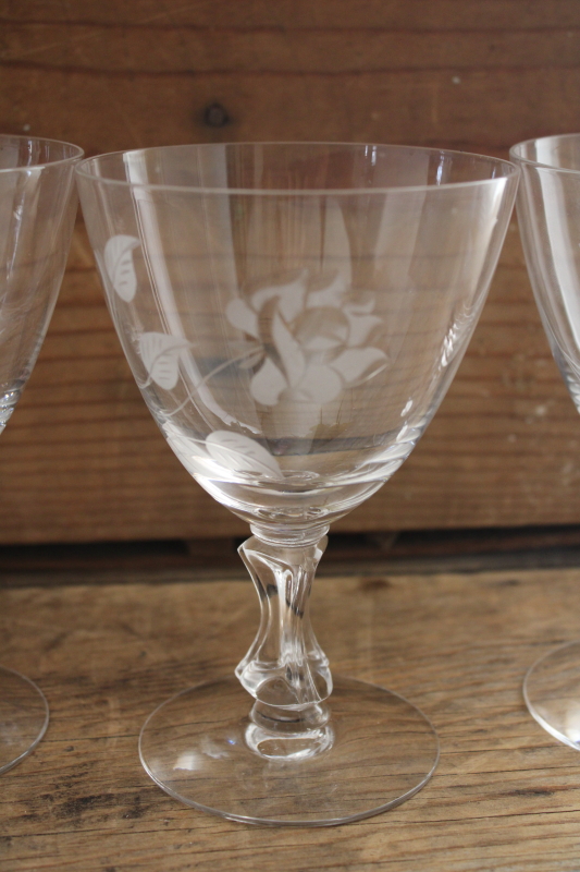cut rose vintage Tiffin glass water goblets or wine glasses, mid century modern