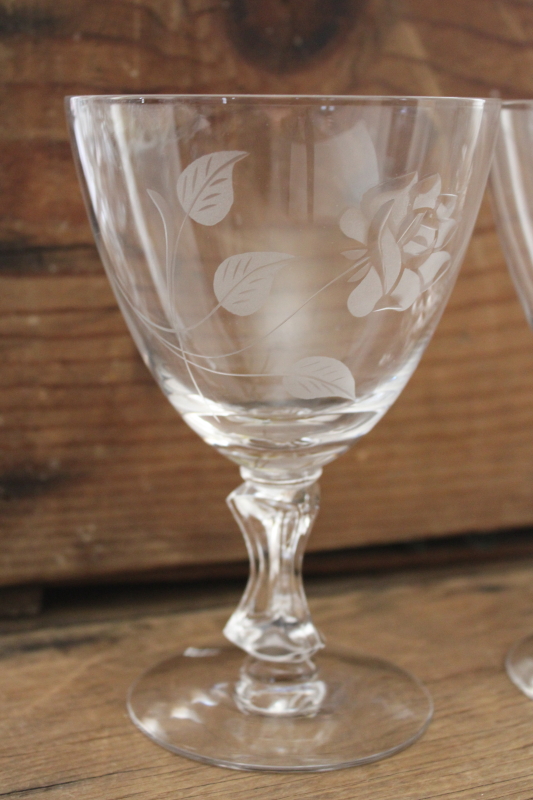 cut rose vintage Tiffin glass water goblets or wine glasses, mid century modern