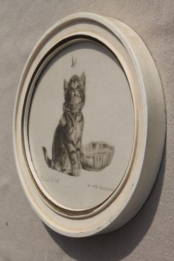 cute kitten vintage pencil drawing, artist signed print in small oval wood frame