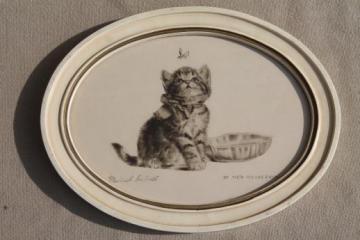 cute kitten vintage pencil drawing, artist signed print in small oval wood frame