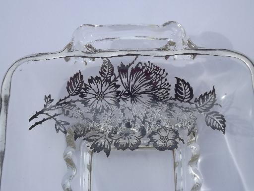 daisy aster silver overlay glass, divided pickle dish vintage 1950s