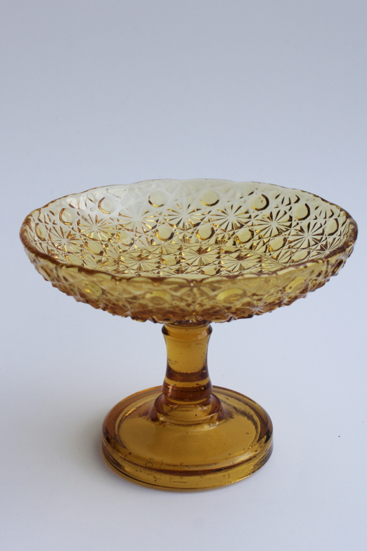 daisy  button pattern amber glass compote bowl or fruit stand, vintage pressed glass