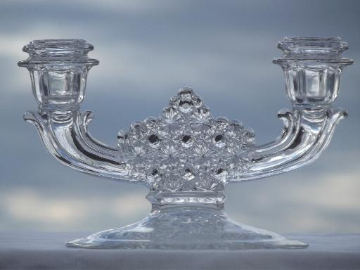 daisy & button pressed glass candle holders, pair of branched candlesticks