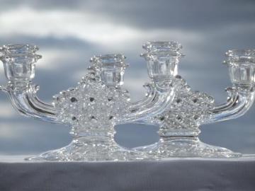 daisy & button pressed glass candle holders, pair of branched candlesticks