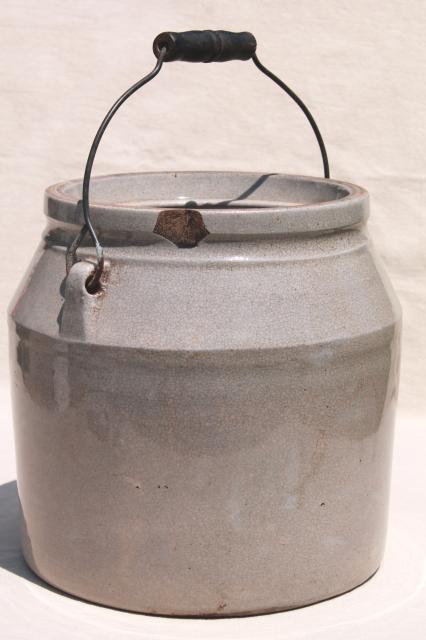 dated 1890s vintage crock, antique stoneware jar w/ wire bail wood handle
