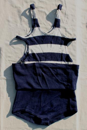 dated 1920s vintage wool swimsuit, nautical striped bathing suit, flapper era Jantzen swimming suit