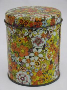 deco flowers bright chintz tea or toffee tin, vintage canister w/ lid