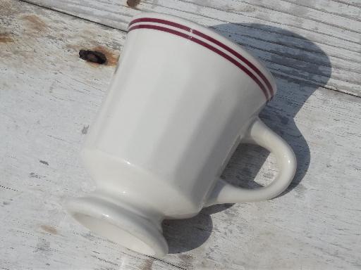deco ironstone coffee cups,vintage Buffalo china footed mugs white w/ wine bands