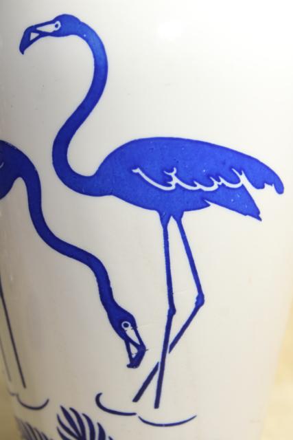 deco mid-century vintage flamingo birds vase, Anchor Hocking milk glass blue & white