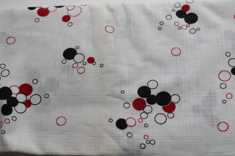 deco mod bubbles print black & red on white, mid century vintage cotton fabric