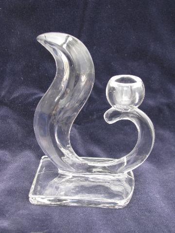 deco moderne, pair of vintage art glass candlesticks, curvy shape