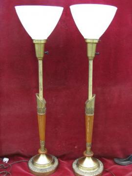 deco moderne solid brass & wood lamps w/ glass shades, 40s - 50s vintage Stiffel