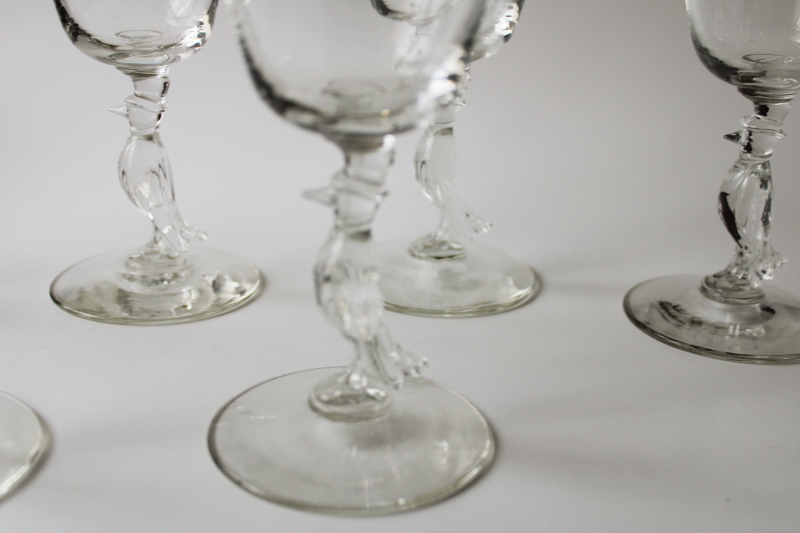 deco vintage Old Crow whiskey figural stem glasses, Libbey glass barware cocktail glasses