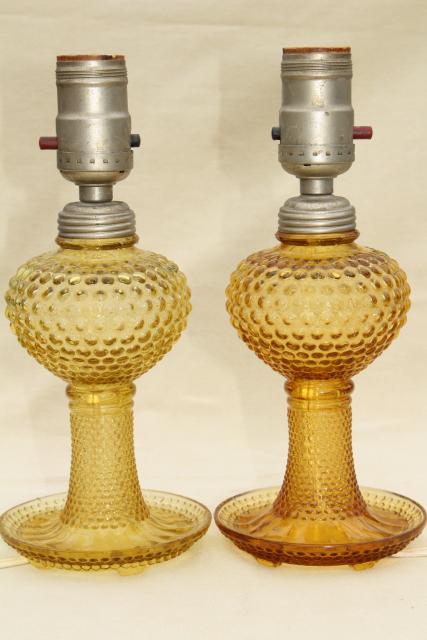deco vintage amber yellow depression glass lamps, hobnail glass boudoir lamp set