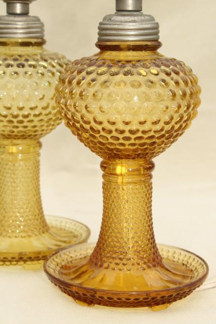 deco vintage amber yellow depression glass lamps, hobnail glass boudoir lamp set