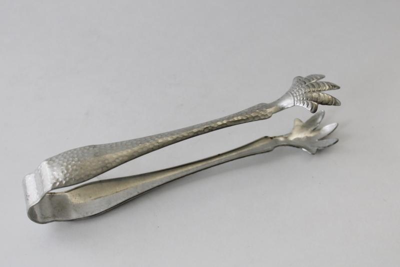 deco vintage claw shape ice or sugar cube tongs, nickel (not silver) plated metal