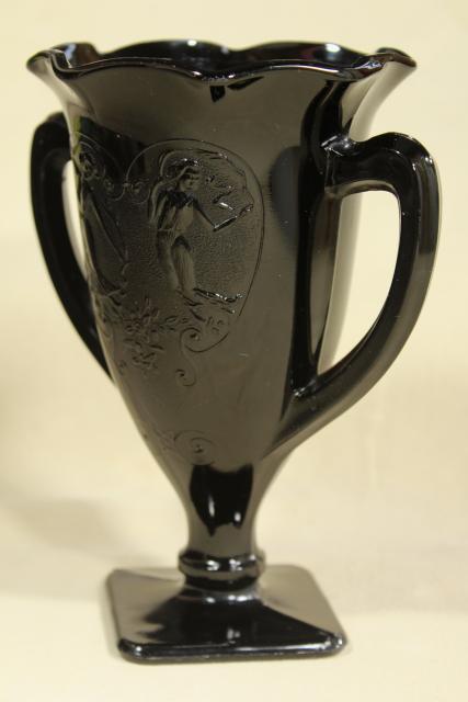 deco vintage ebony black glass, trophy shape vase loving cup w/ heart & dancing nymphs