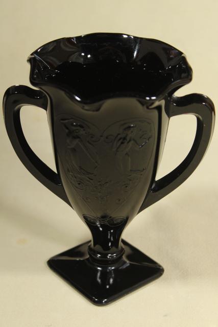 deco vintage ebony black glass, trophy shape vase loving cup w/ heart & dancing nymphs