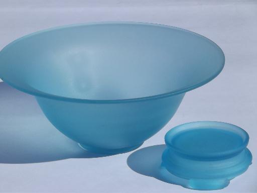 deco vintage frosted glass bowl and stand, aqua blue like sea beach glass