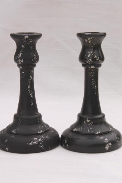 deco vintage matte black satin frosted glass candlesticks w/ distressed antiqued silver