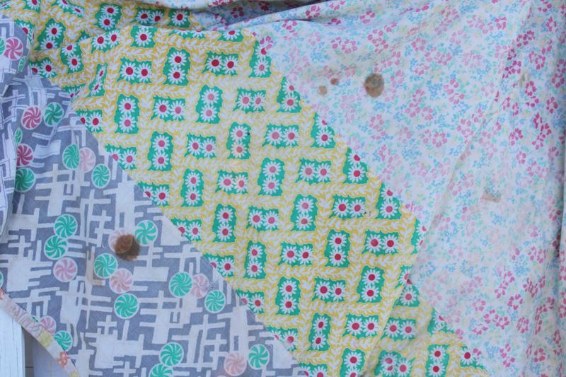 depression era primitive quilt patched from whole feedsacks, 1930s vintage cotton prints