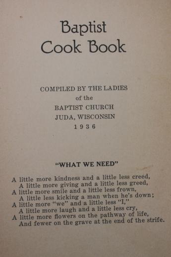 depression era vintage cook book, farm cooking recipes 1936 Juda Wisconsin cookbook