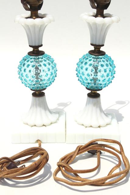 Depression Era Vintage Glass Lamps Blue Hobnail And Milk Glass 30s Fenton