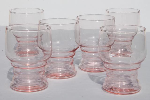 depression pink glass tumblers, stacked bands ring rib grip pattern drinking glasses