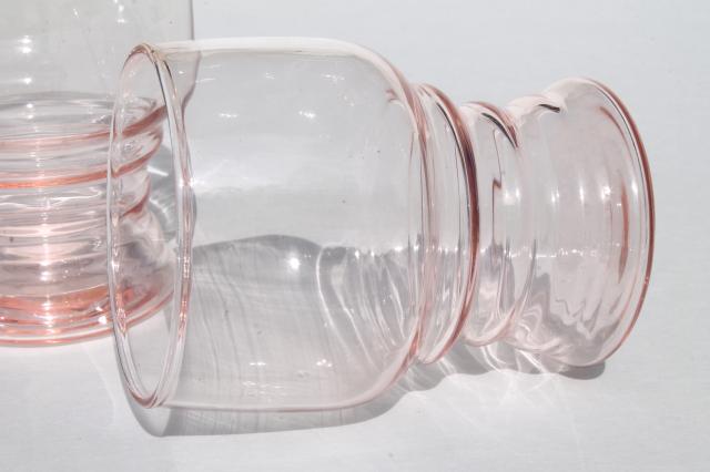 depression pink glass tumblers, stacked bands ring rib grip pattern drinking glasses