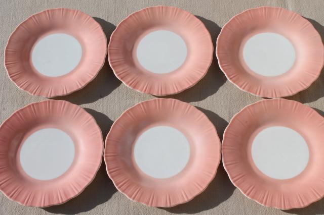 depression vintage Cremax milk glass cake plates dessert set, pink crinoline ruffle glass