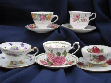 different florals roses and violets china cup and saucer sets, vintage England, Japan