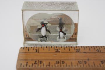 diorama style vintage Christmas ornament, tiny mirrored display case w/ mini blown glass penguins