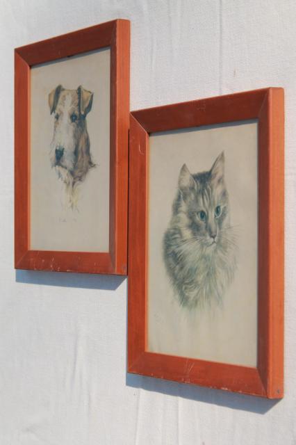 dog & cat pictures, mid-century vintage framed prints, terrier puppy & long haired tabby kitty