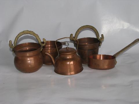 doll size miniature copper kitchenware, tiny bucket, kettle, cauldron etc.