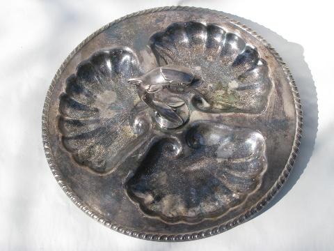 dolphin & shell, vintage Canterbury silver divided plate w/ center handle