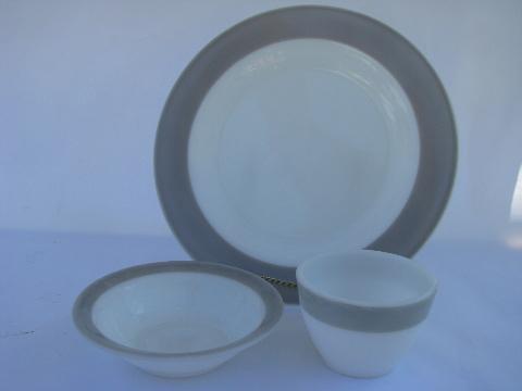 dove grey band on white, vintage Pyrex glass restaurantware dishes