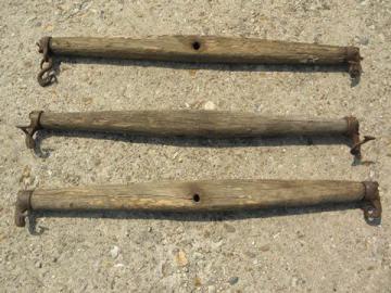 huge forged iron bale hooks, antique farm tools, vintage primitive hook lot