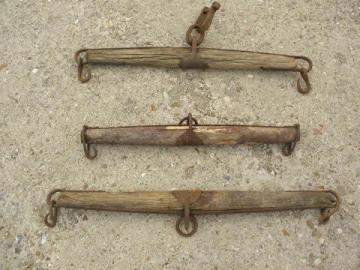 huge forged iron bale hooks, antique farm tools, vintage primitive
