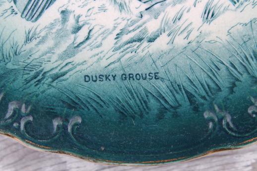 dusky grouse birds antique blue - green transferware plate, vintage 1908 Buffalo china 